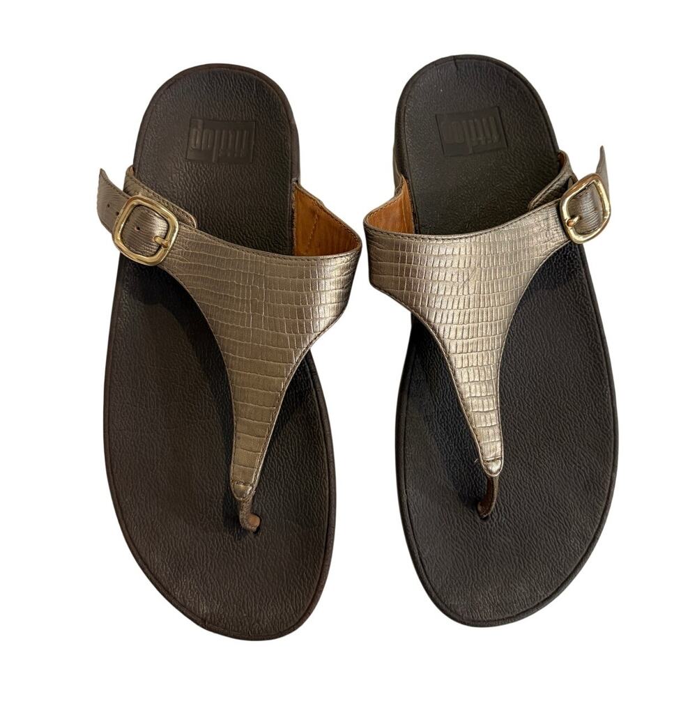 FitFlop Lulu Adjustable Sandals 7 Bronze Snakeskin Leather Toe-Post Slide Buckle